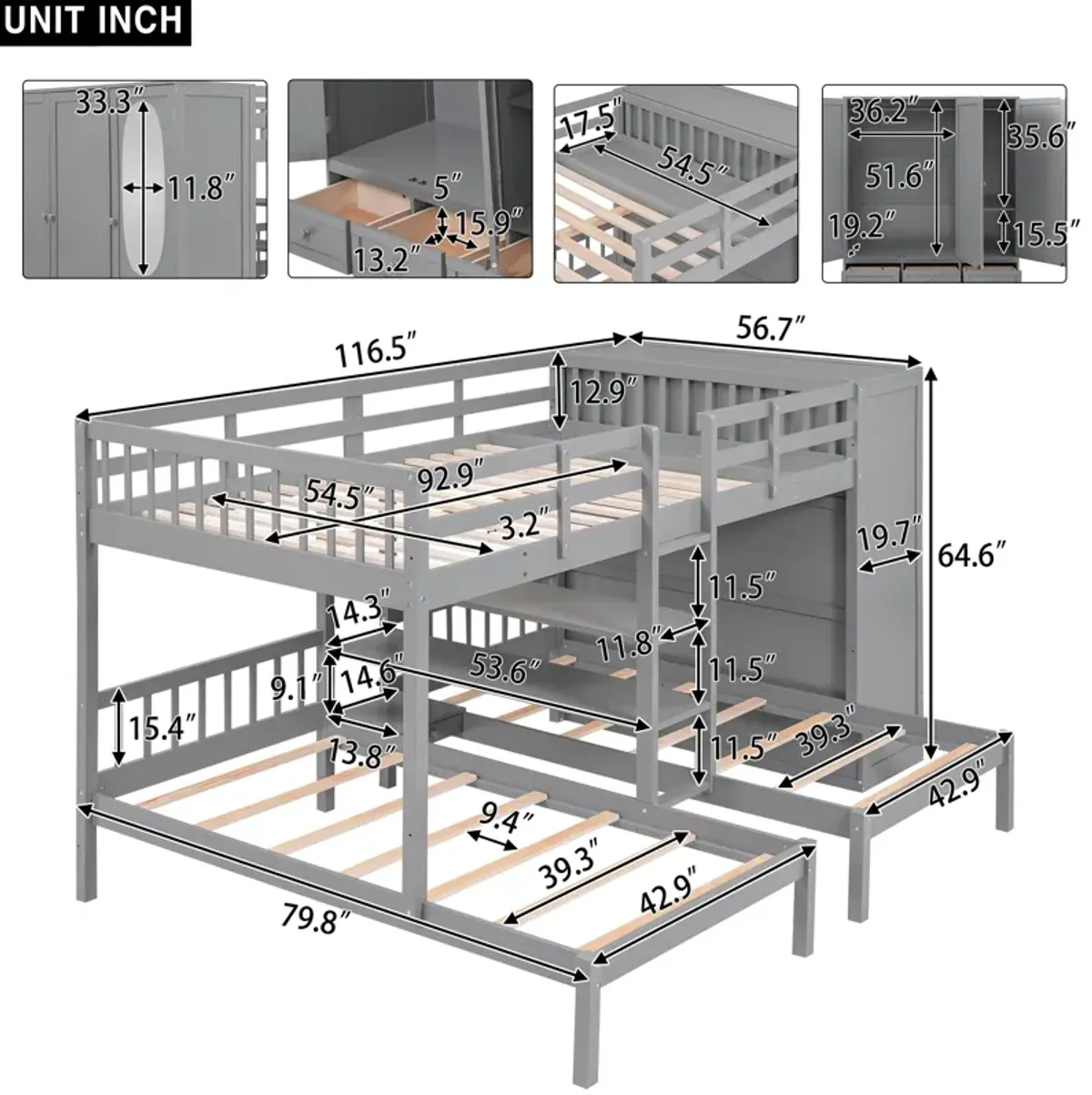 Merax Triple  Bunk Bed with Wardrobe and Mirror