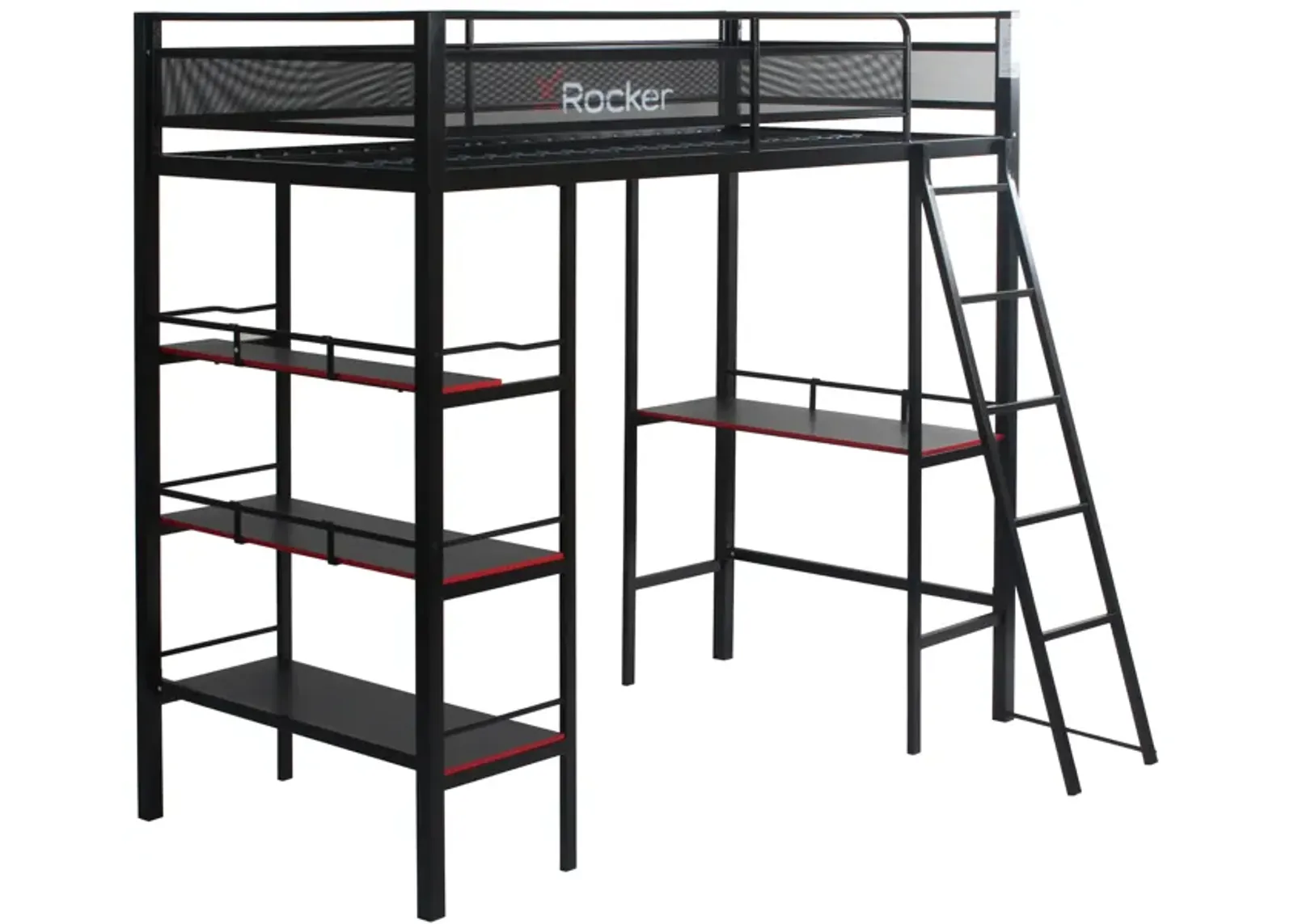 X Rocker Fortress Gaming Bunk with Desk and Shelving Built-in, Black/Red, Twin