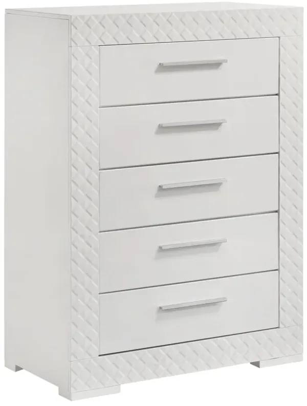 Ivon Tall Dresser Chest, 5 Drawers, Modern Glossy White Solid Hardwood - Benzara