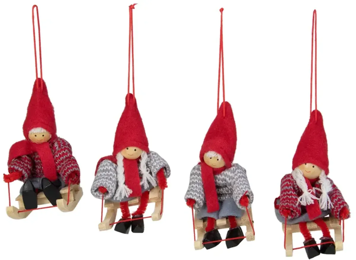 Set of 4 Holiday Kids on Sleds Christmas Ornaments 4"