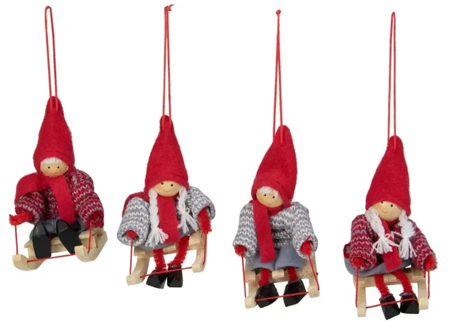 Set of 4 Holiday Kids on Sleds Christmas Ornaments 4"