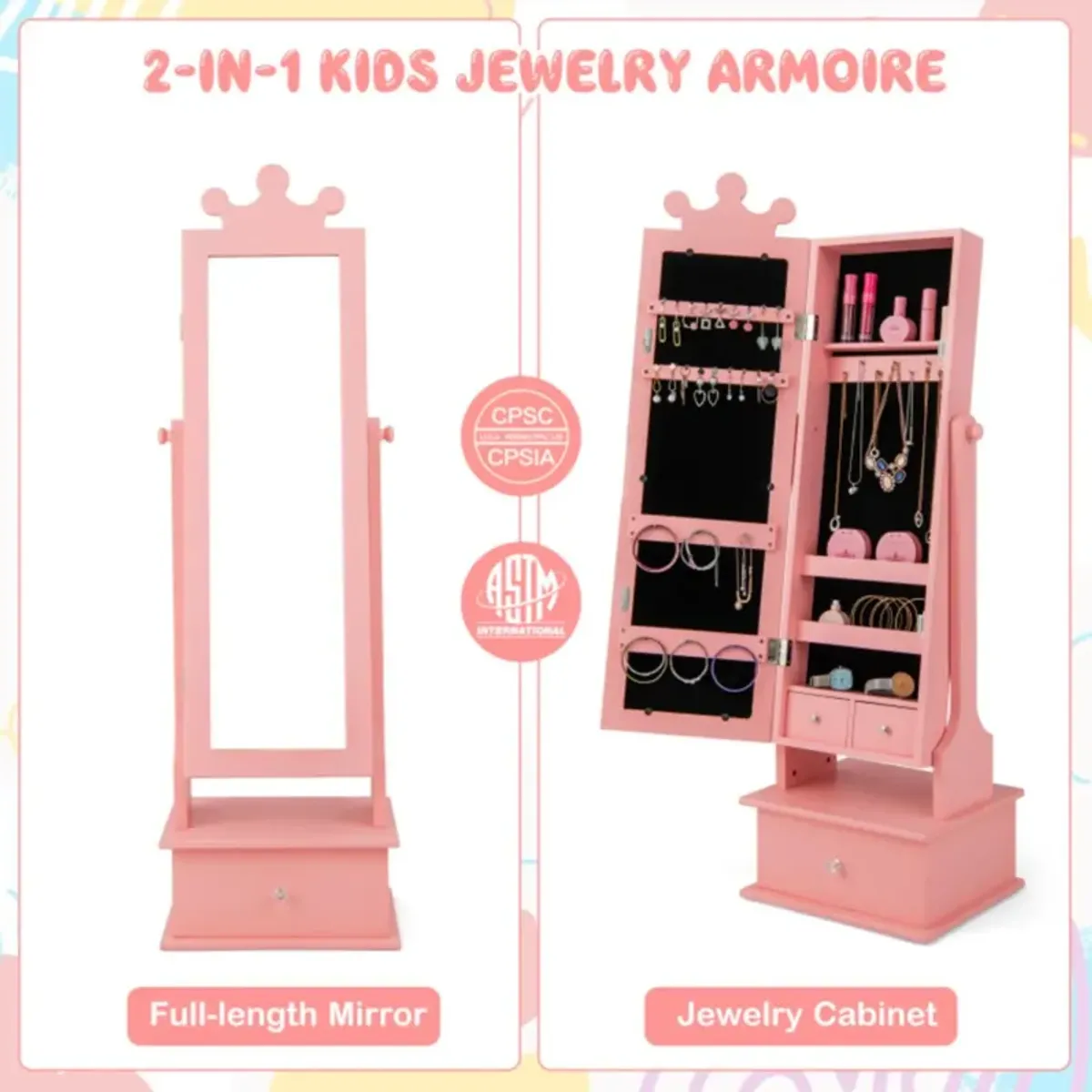 Hivvago 2-in-1 Kids Play Jewelry Armoire with Full Length Mirror and Drawers