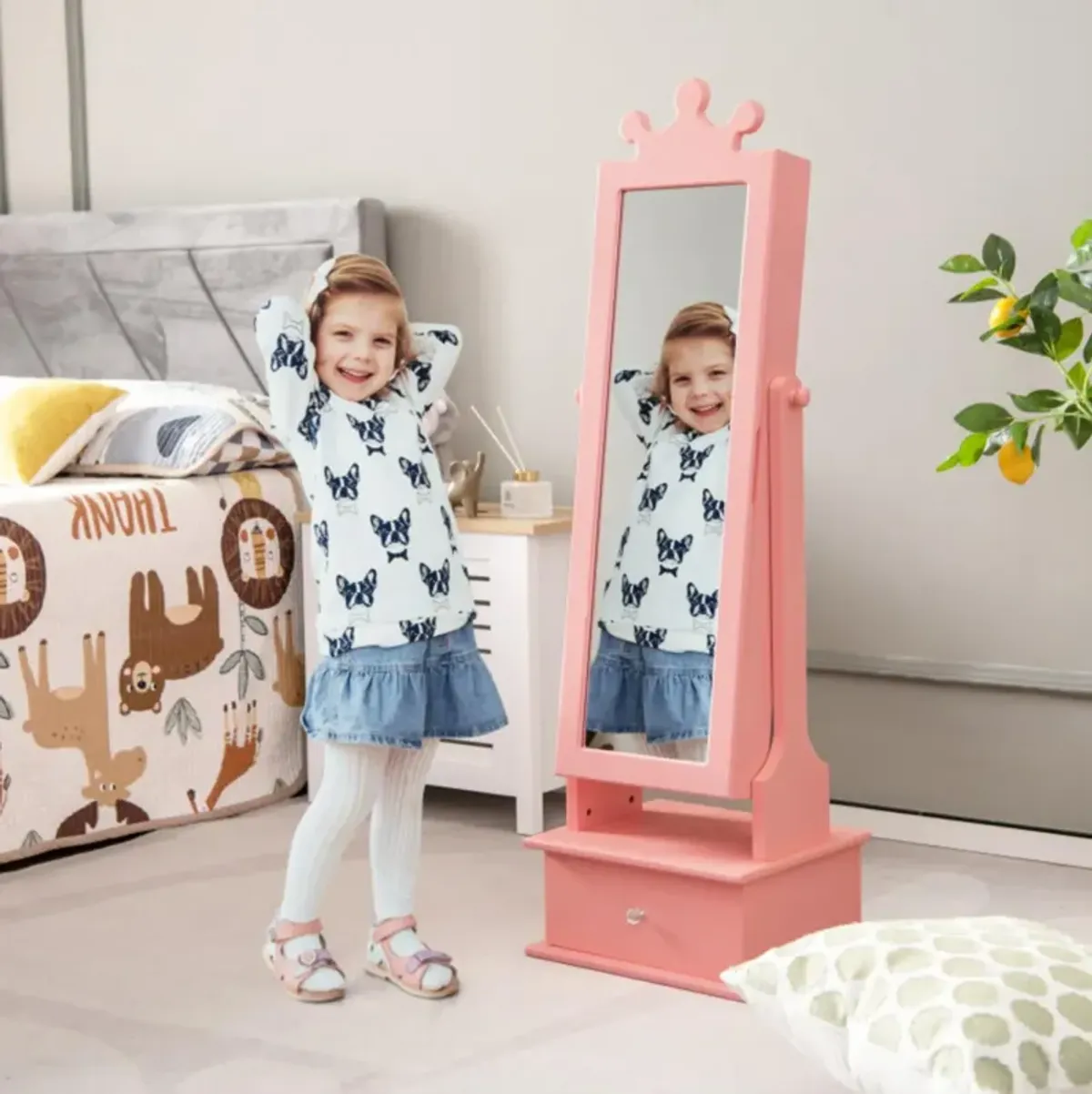 Hivvago 2-in-1 Kids Play Jewelry Armoire with Full Length Mirror and Drawers