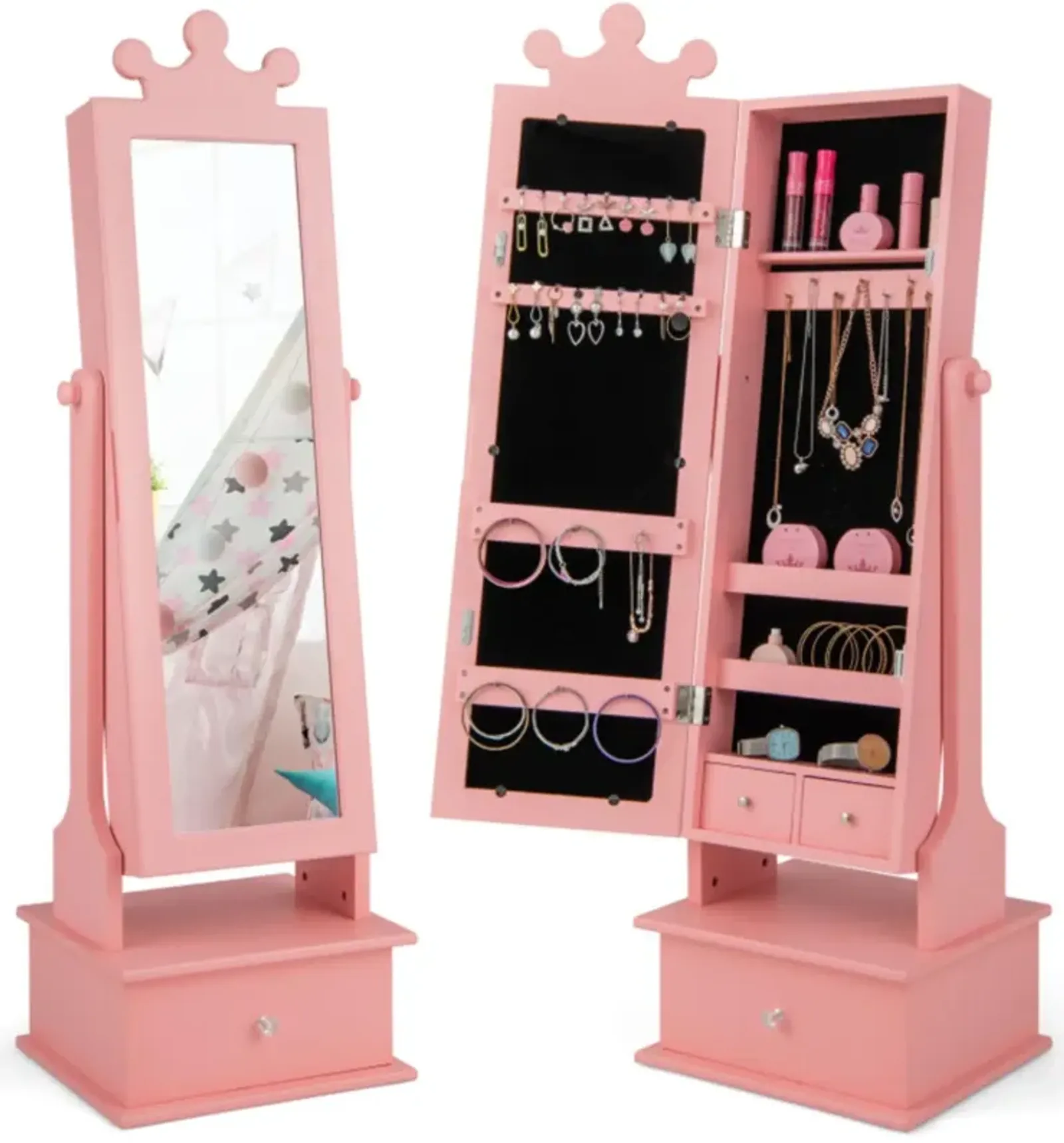 Hivvago 2-in-1 Kids Play Jewelry Armoire with Full Length Mirror and Drawers