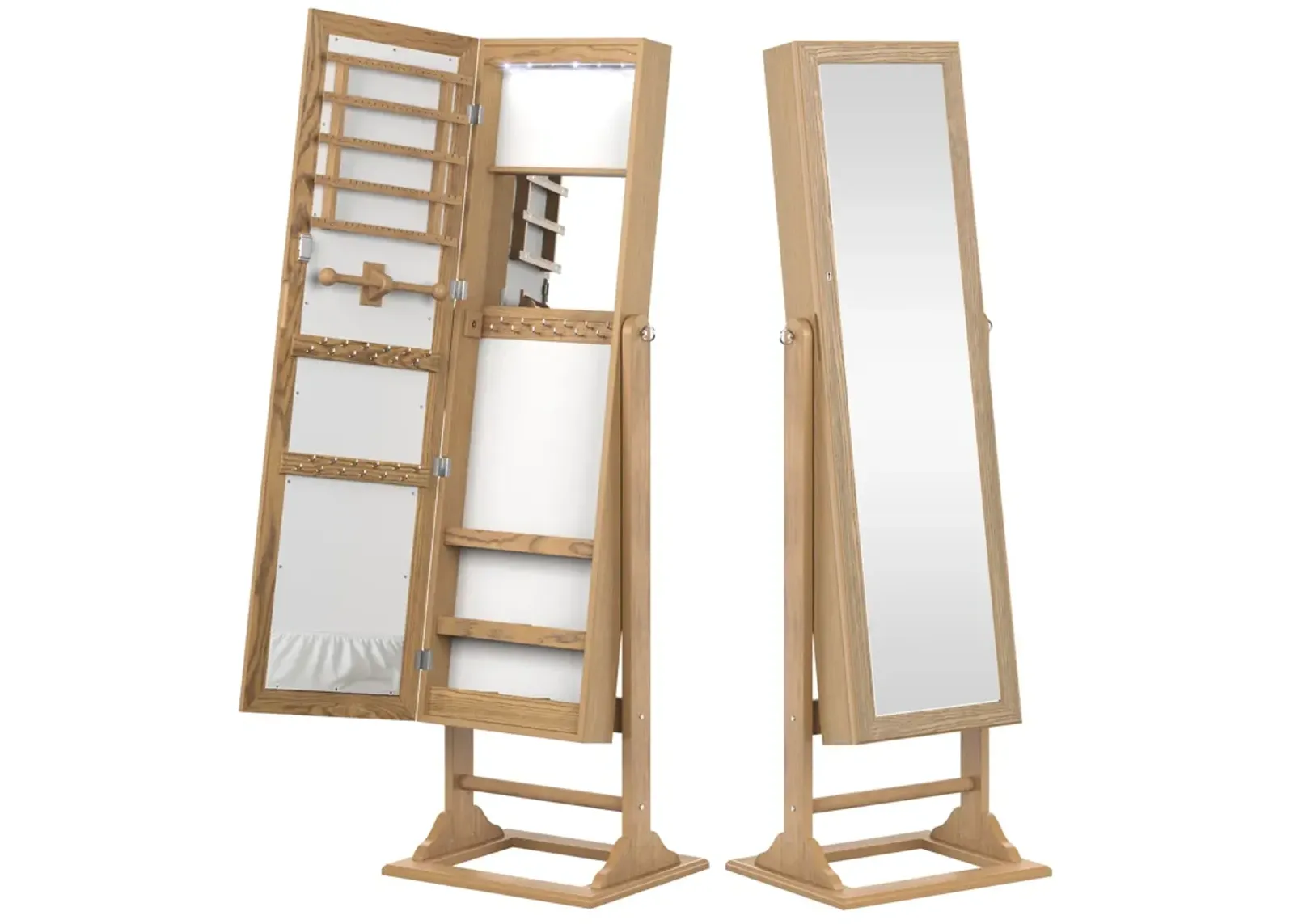 Freestanding Lockable Jewelry Armoire with Full-Length Mirror and 6 LED Lights-Natural