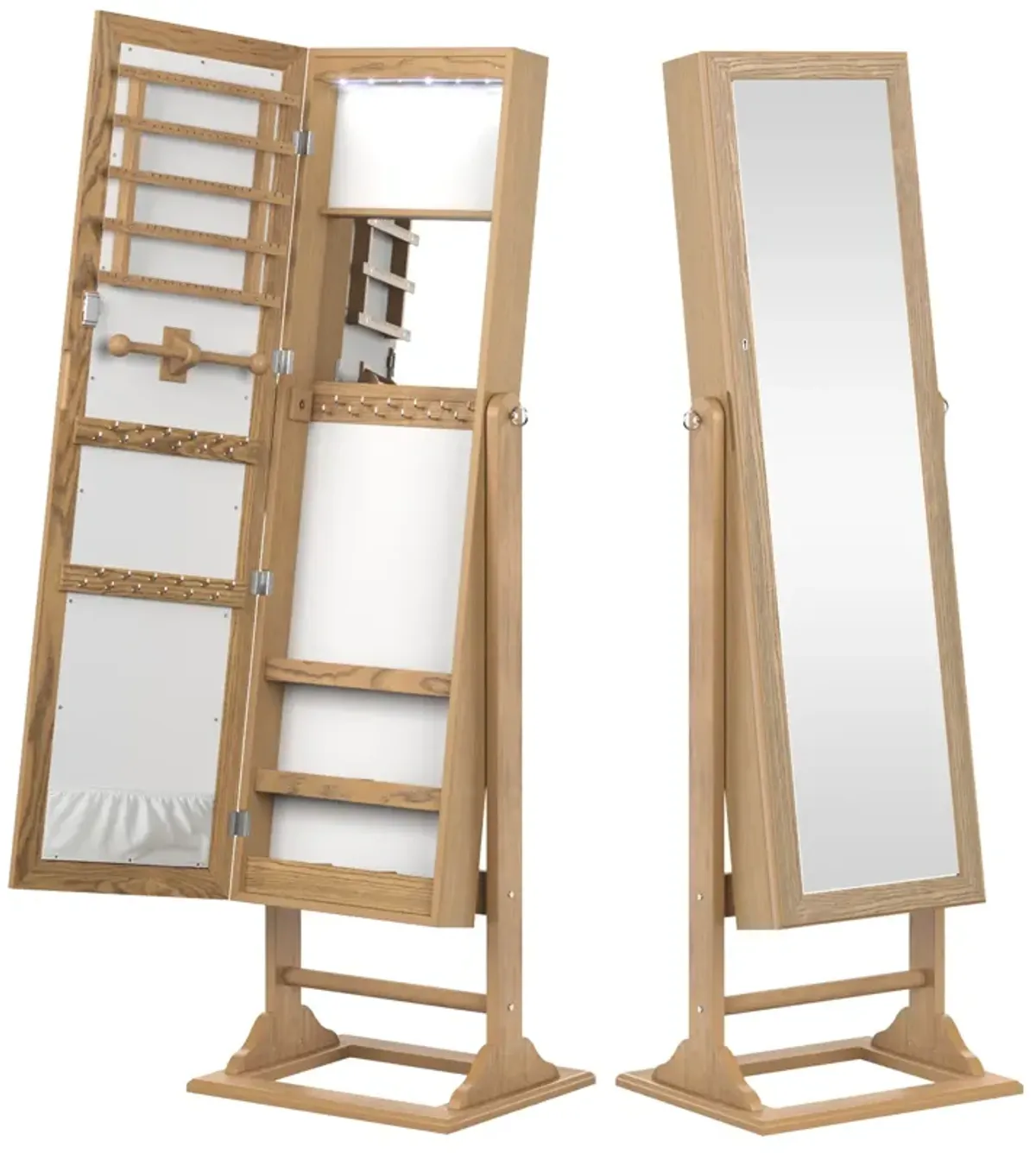 Freestanding Lockable Jewelry Armoire with Full-Length Mirror and 6 LED Lights-Natural