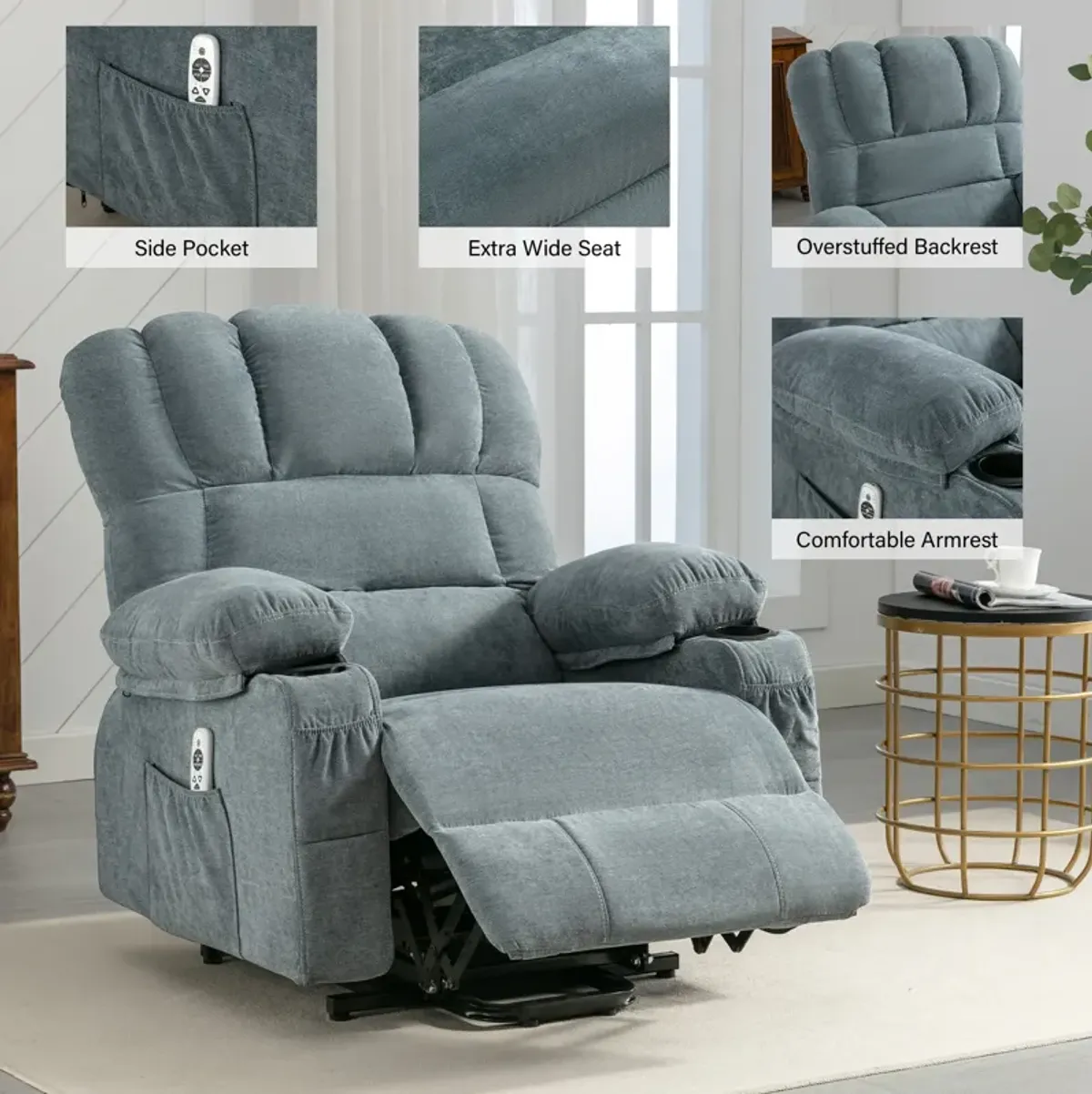 38.97 in. W Fabric Recliner with Remote Control, Tufted and Storage