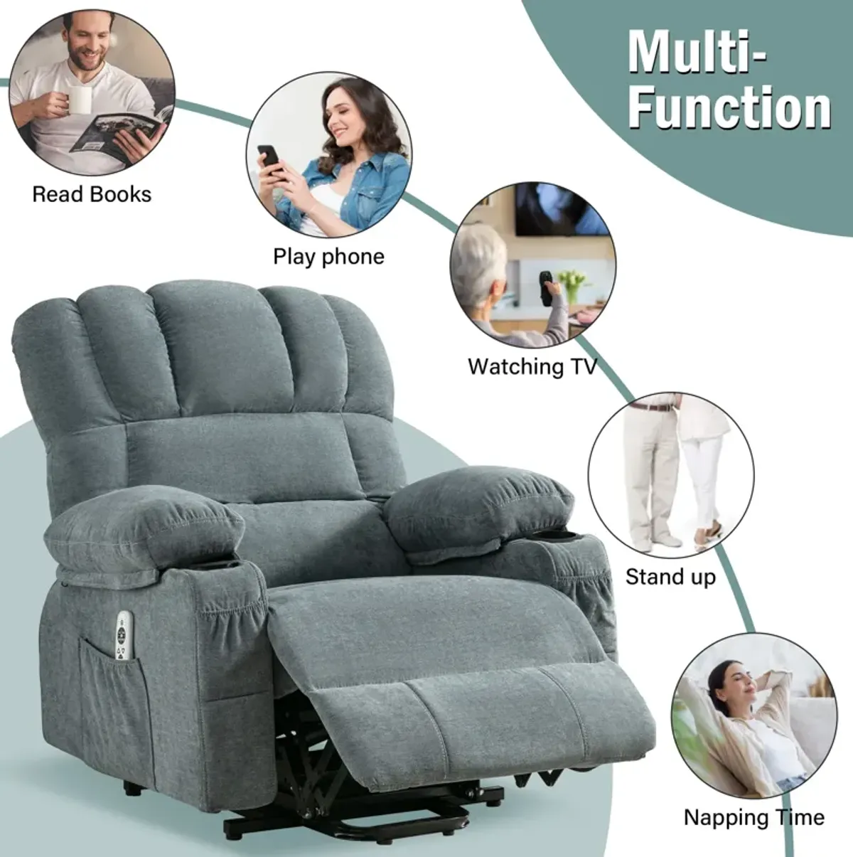 38.97 in. W Fabric Recliner with Remote Control, Tufted and Storage