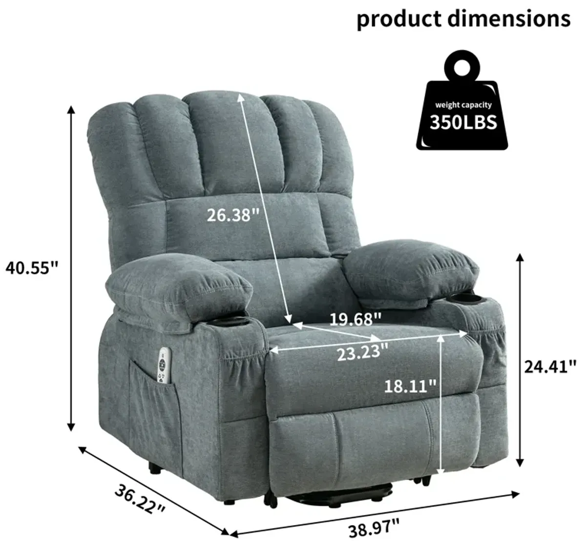 38.97 in. W Fabric Recliner with Remote Control, Tufted and Storage