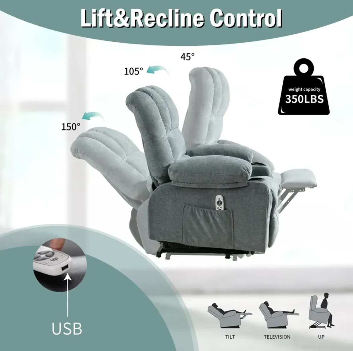 38.97 in. W Fabric Recliner with Remote Control, Tufted and Storage