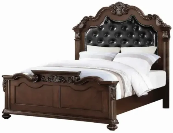 Ornated Carved & Upholstered Black PU Tufted Wooden E.King Bed Dark Walnut - Benzara