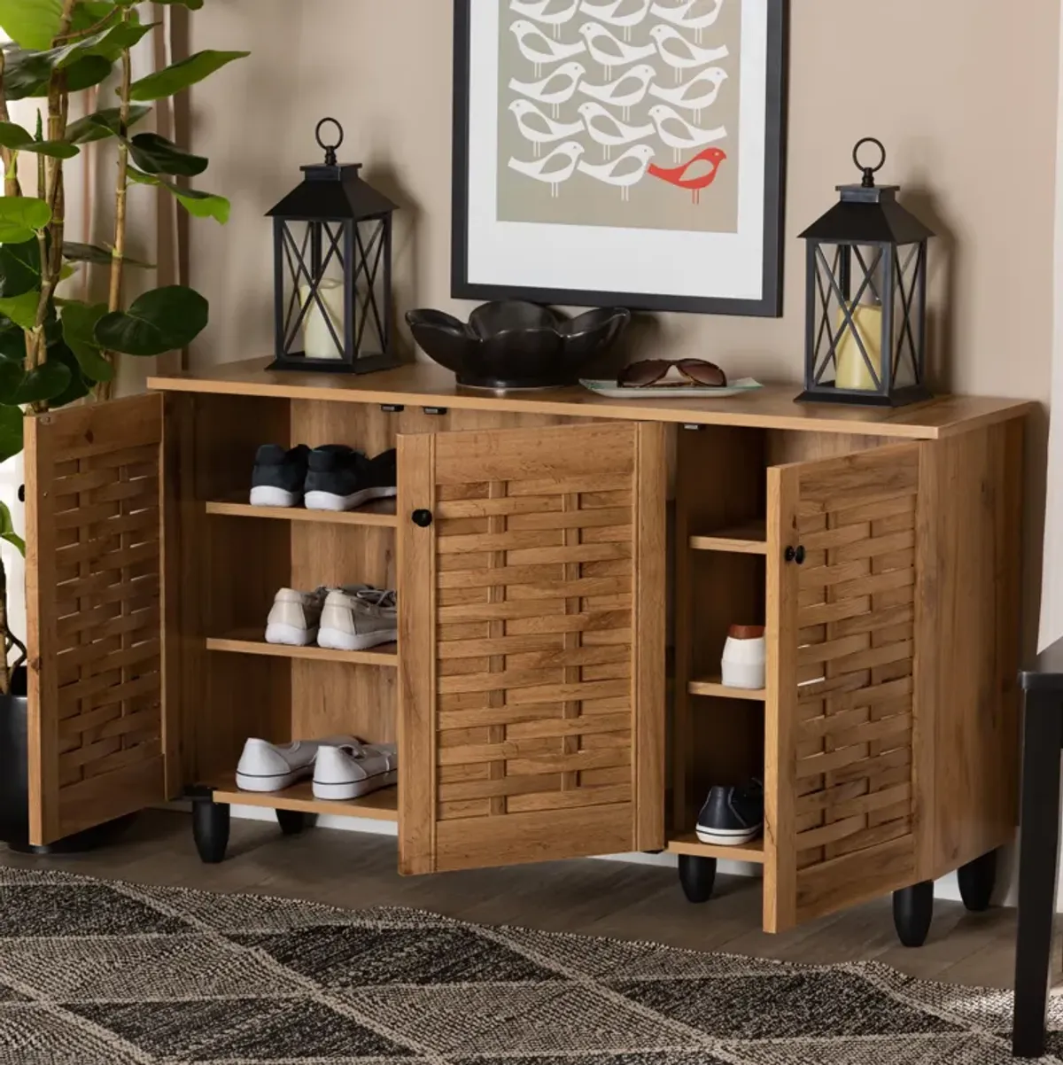 Baxton Studio Winda Modern and Contemporary Oak Brown Finished Wood 3 Door Shoe Cabinet