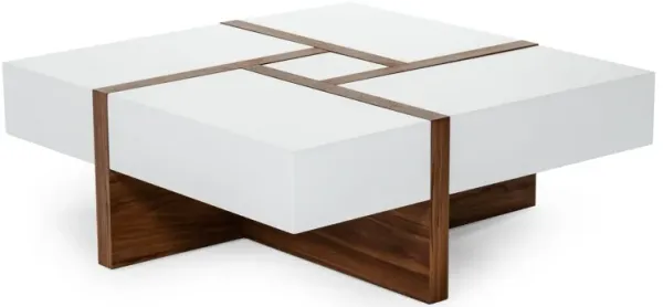Cid 39 Inch Modern Wood Coffee Table, Puzzle Top Storage, White, Walnut-Benzara
