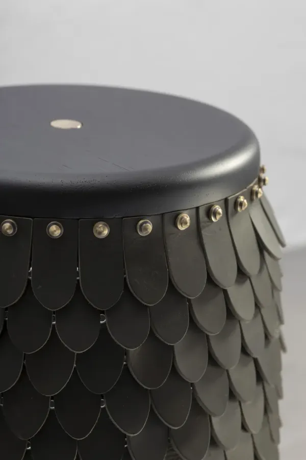 SITIERA_01 Solid Wood Stool, with Olivo Thick Leather Accents, and Aged Bronze by ANDEAN, In Stock