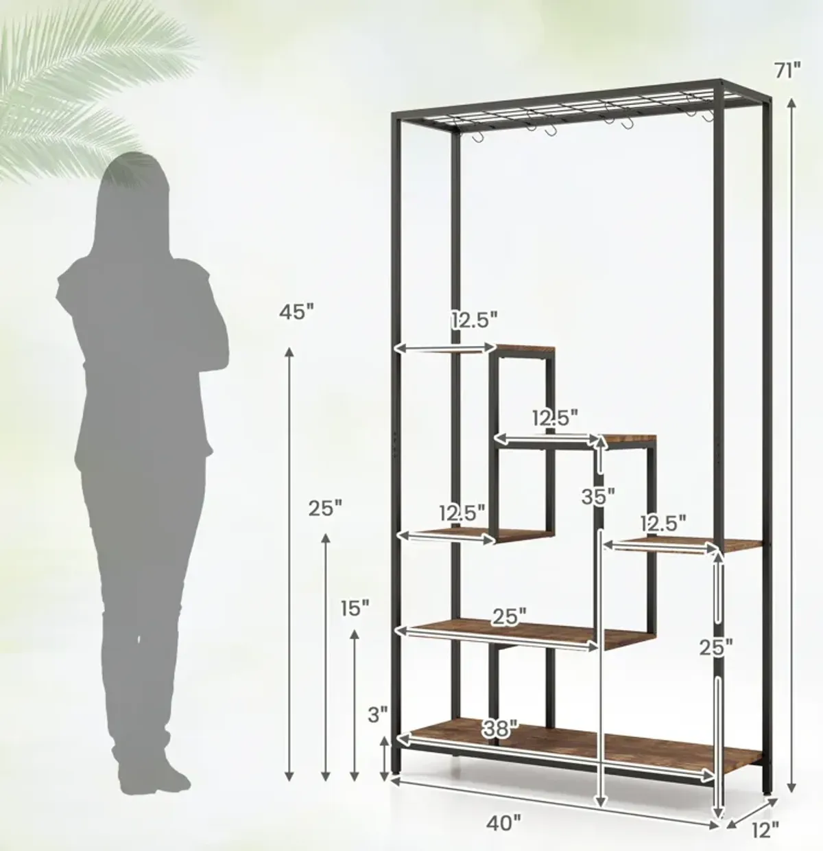 6-Tier Tall Plant Stand 71 Inch Metal Indoor Plant Shelf with 10 Hanging Hooks