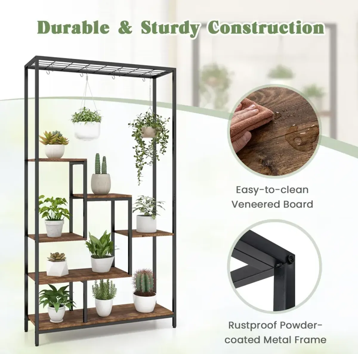 6-Tier Tall Plant Stand 71 Inch Metal Indoor Plant Shelf with 10 Hanging Hooks