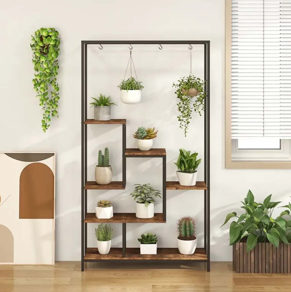 6-Tier Tall Plant Stand 71 Inch Metal Indoor Plant Shelf with 10 Hanging Hooks