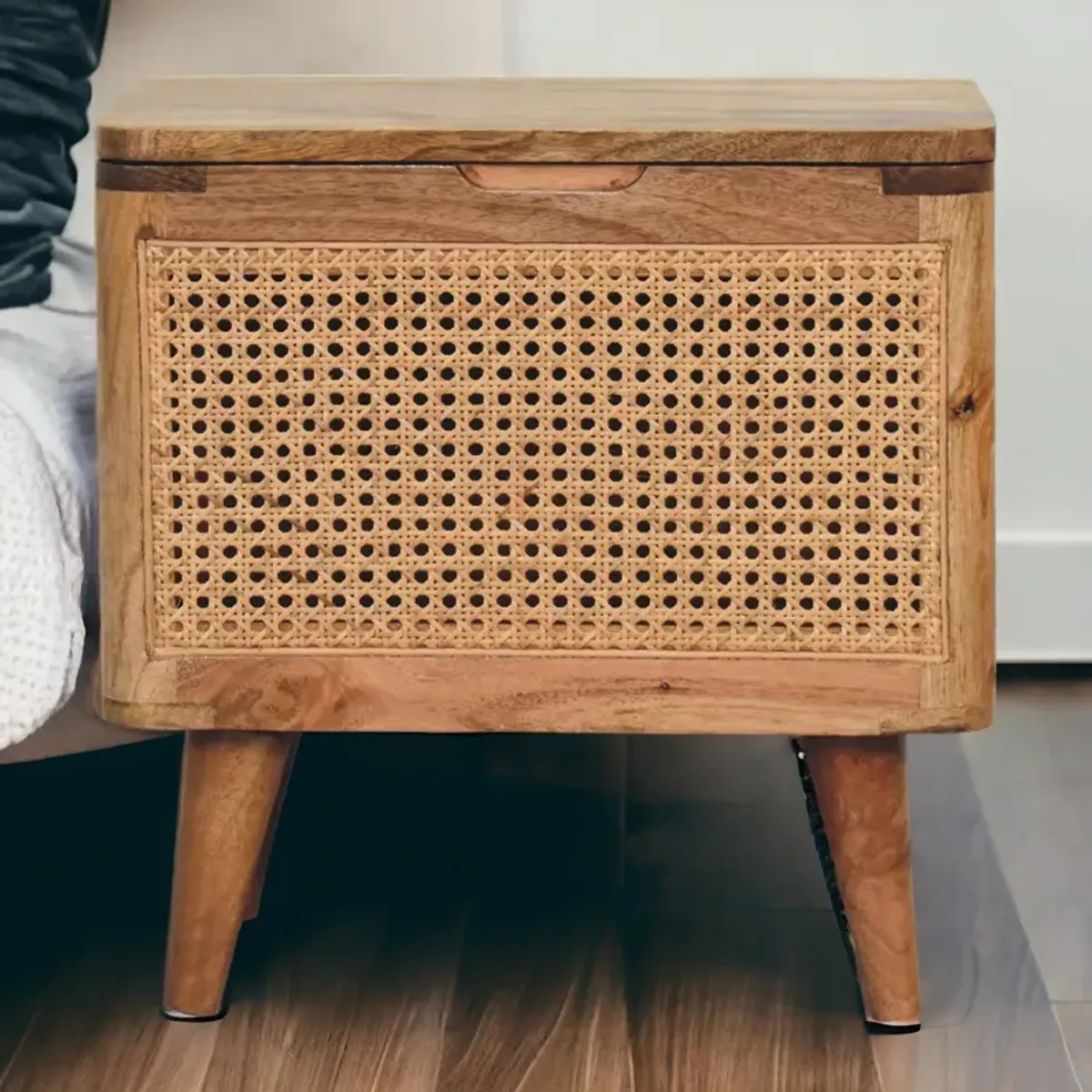 Larissa Lid-up Storage  Solid Wood Rattan Oak-ish Stool