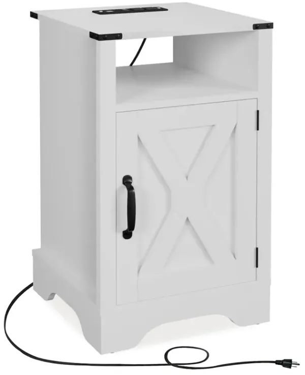 White Wooden Nightstands with Charging Station Doors