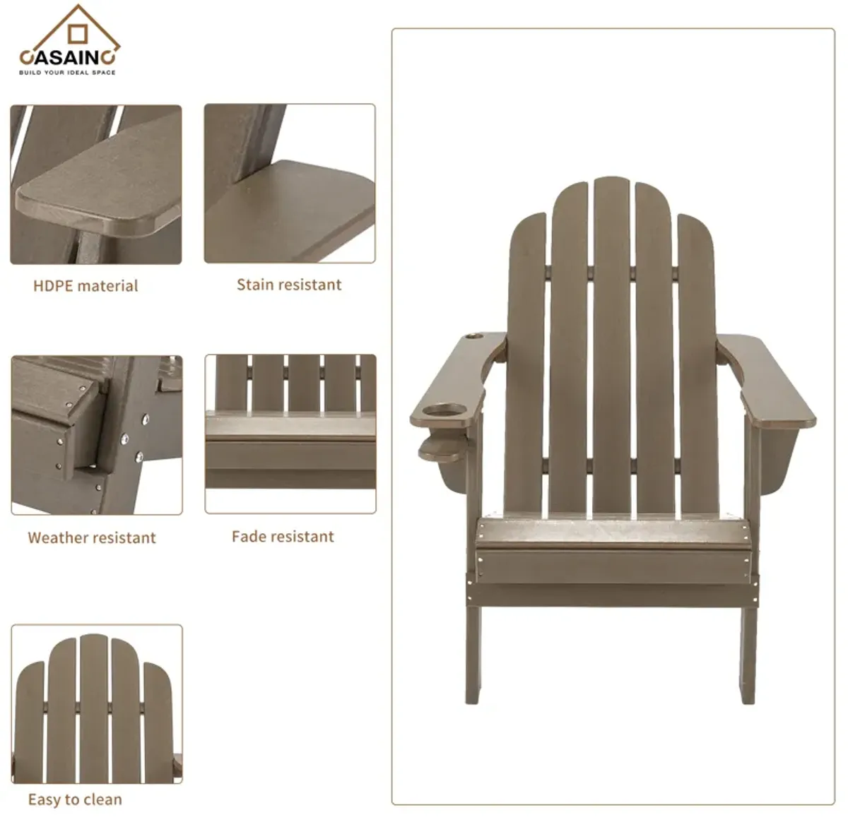 Traditional Curveback Plastic Patio Adirondack Chair with Cup Holder and umbrella holder Outdoor