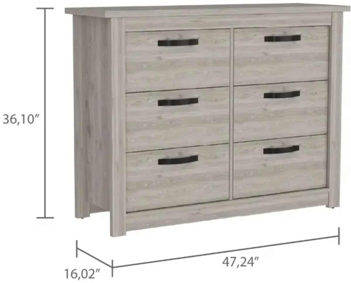 DEPOT E-SHOP Galena Six Drawer Double Dresser, Four Legs, Superior Top, Metal Hardware, Light Gray