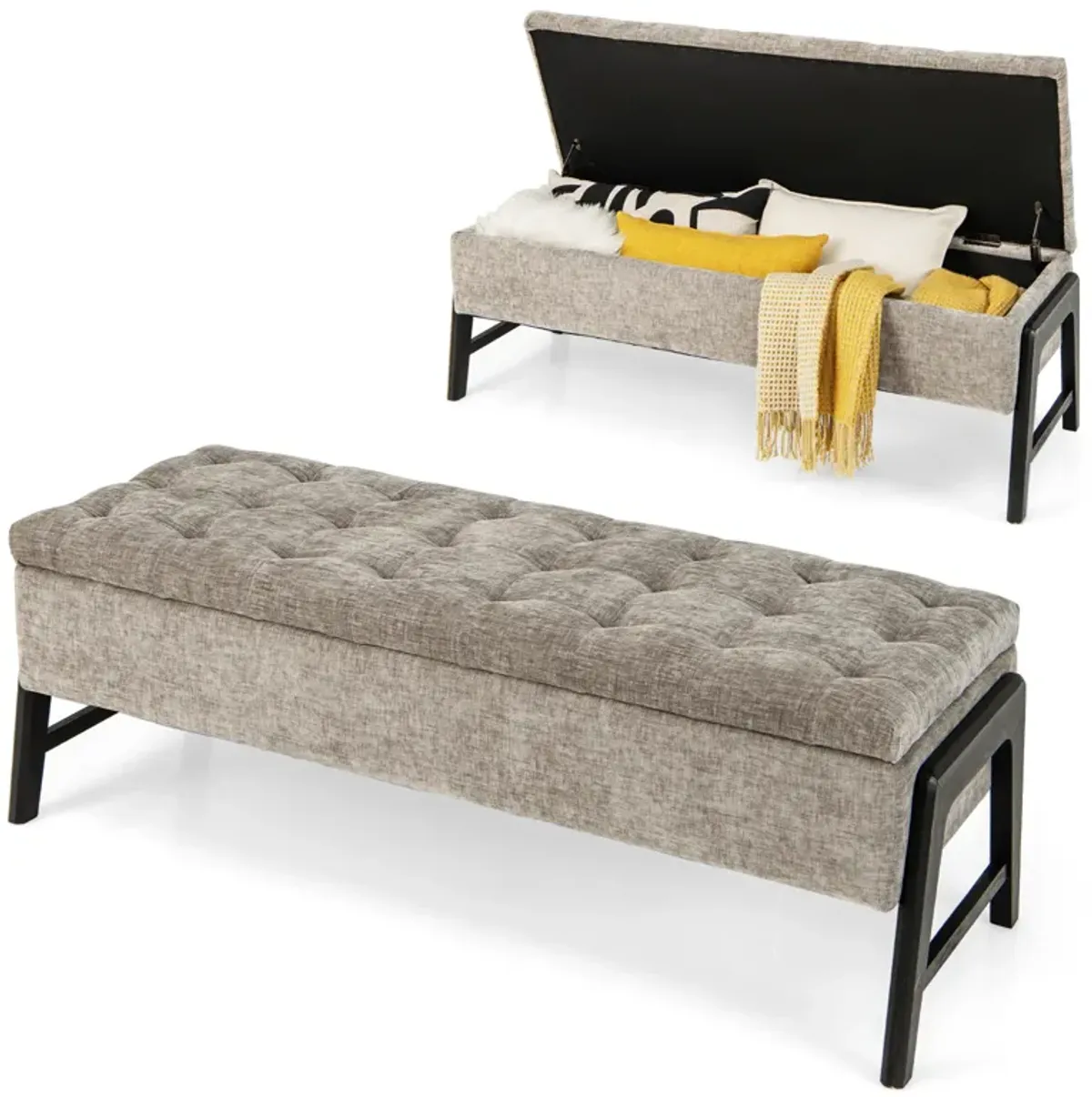 Modern Chenille Storage Bench with Solid Rubber Wood Legs-Gray