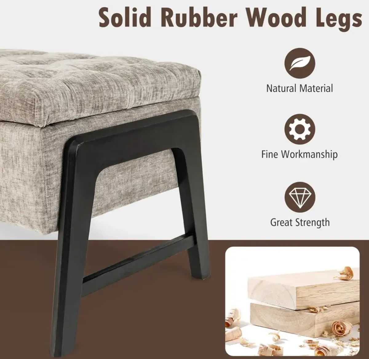 Modern Chenille Storage Bench with Solid Rubber Wood Legs-Gray