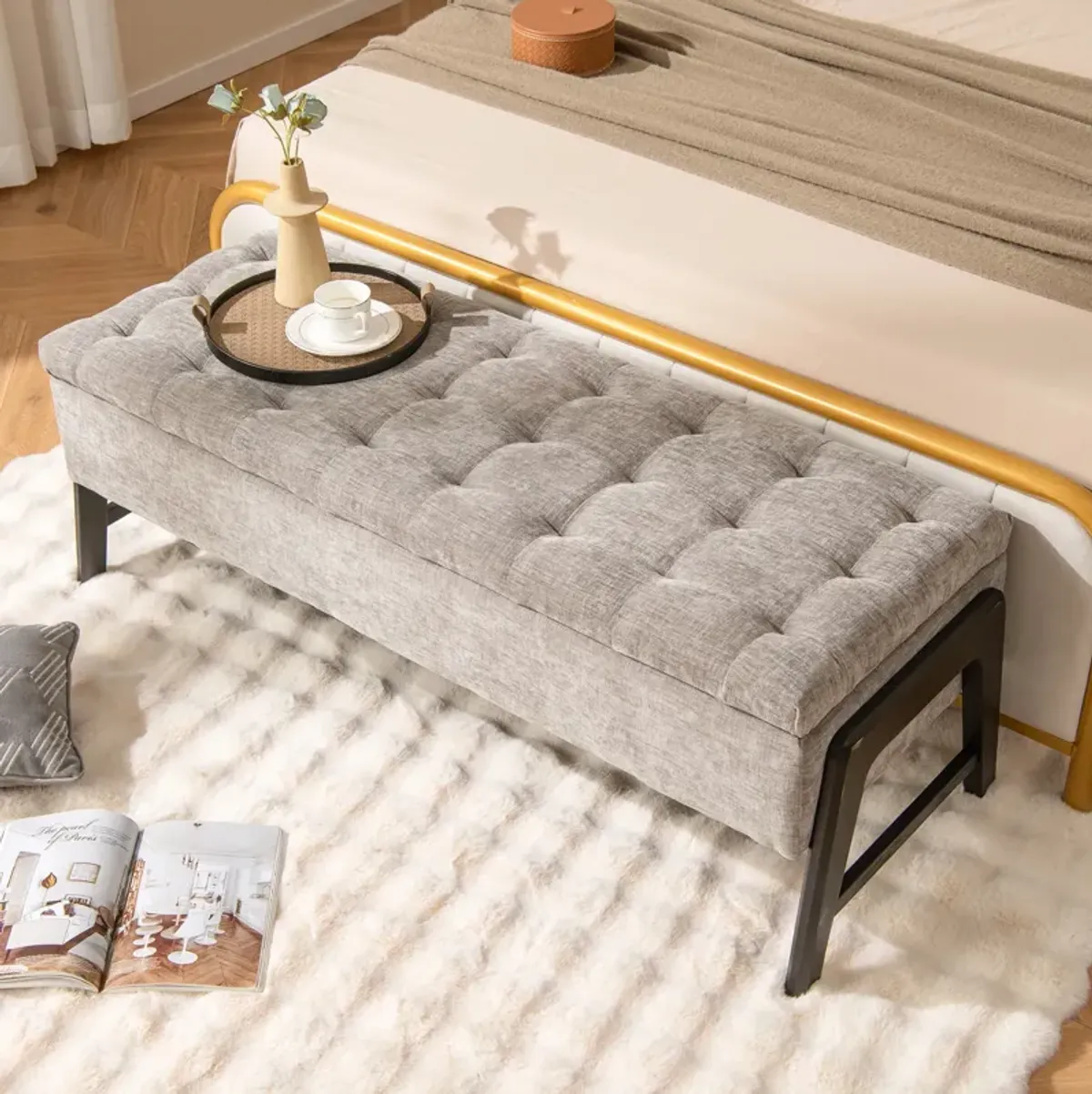 Modern Chenille Storage Bench with Solid Rubber Wood Legs-Gray