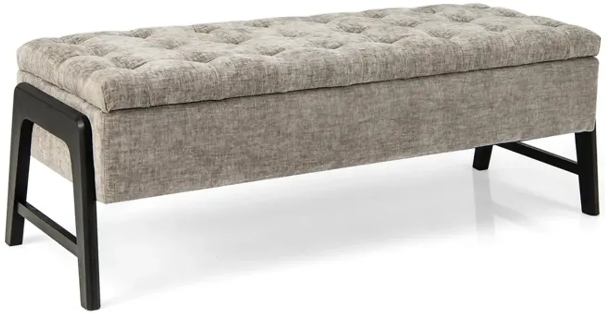 Modern Chenille Storage Bench with Solid Rubber Wood Legs-Gray