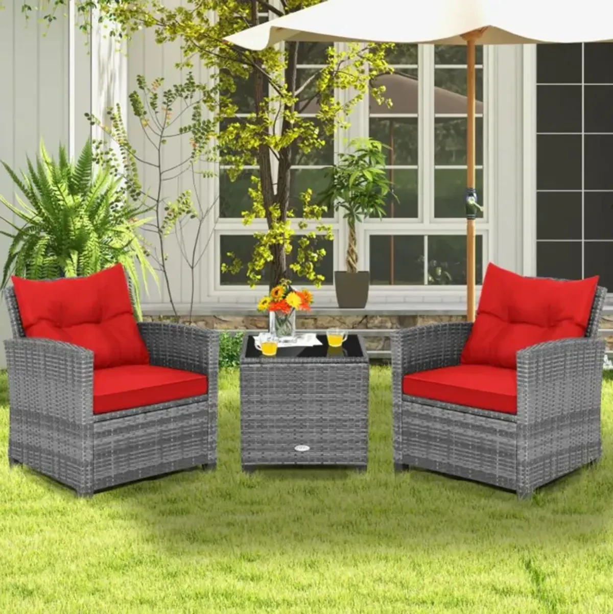 Hivvago 3 Pieces Outdoor Wicker Conversation Set with Tempered Glass Tabletop