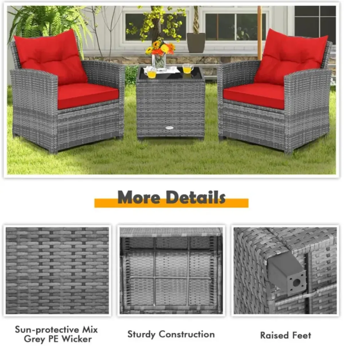 Hivvago 3 Pieces Outdoor Wicker Conversation Set with Tempered Glass Tabletop