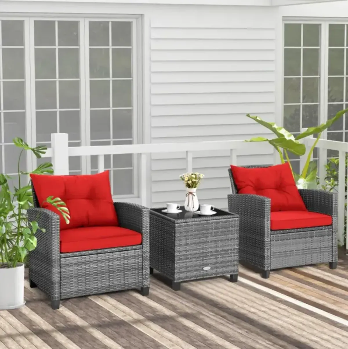 Hivvago 3 Pieces Outdoor Wicker Conversation Set with Tempered Glass Tabletop