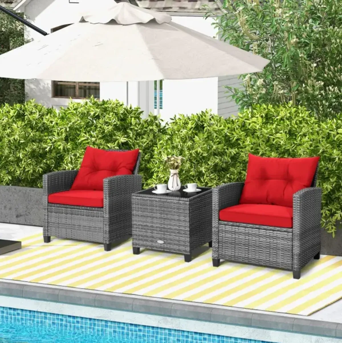 Hivvago 3 Pieces Outdoor Wicker Conversation Set with Tempered Glass Tabletop