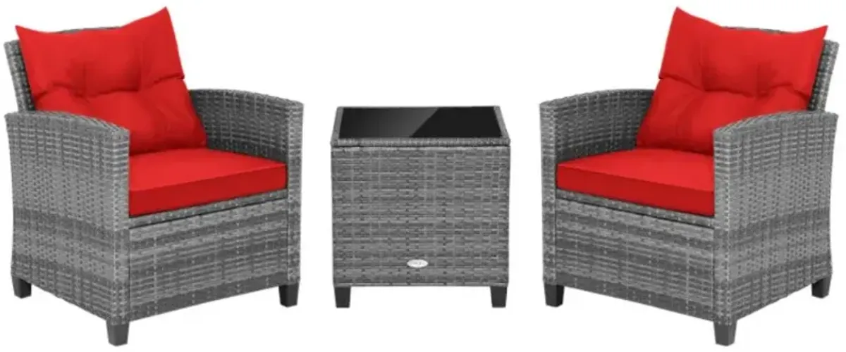 Hivvago 3 Pieces Outdoor Wicker Conversation Set with Tempered Glass Tabletop