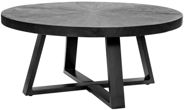 Benjara Raj 39 Inch Round Coffee Table, Cross Legs Design, Black Acacia Wood, Iron