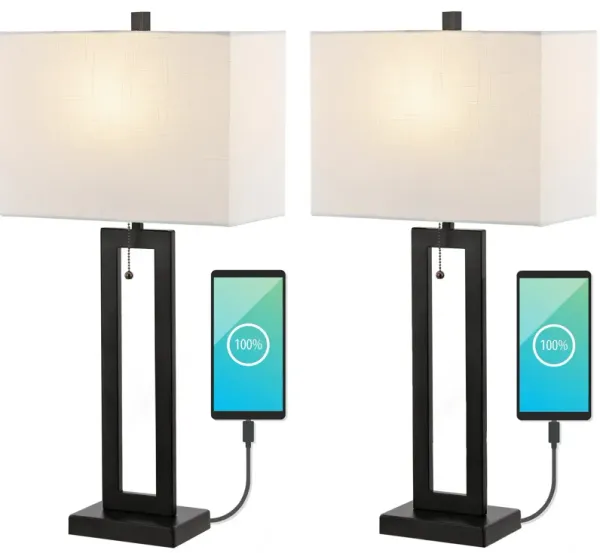 Sabrina Vintage Industrial Iron LED Table Lamp with Pull Chain and USB Charging Port (Set of 2)