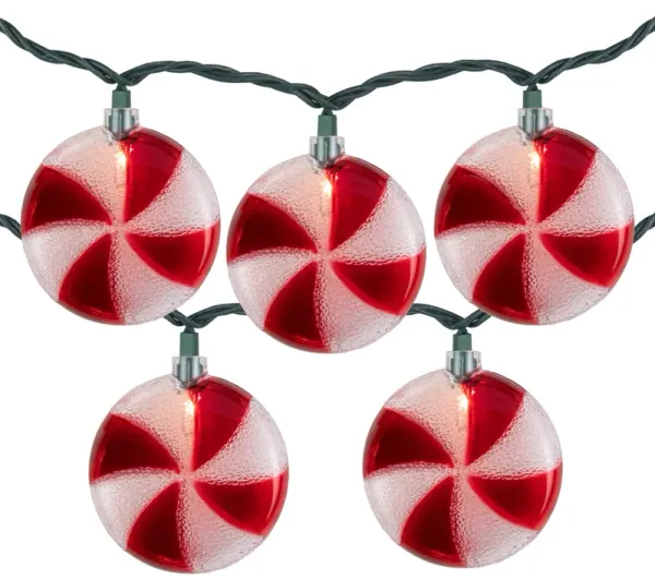 10 Count Peppermint Candy Christmas Light Set  6ft Green Wire
