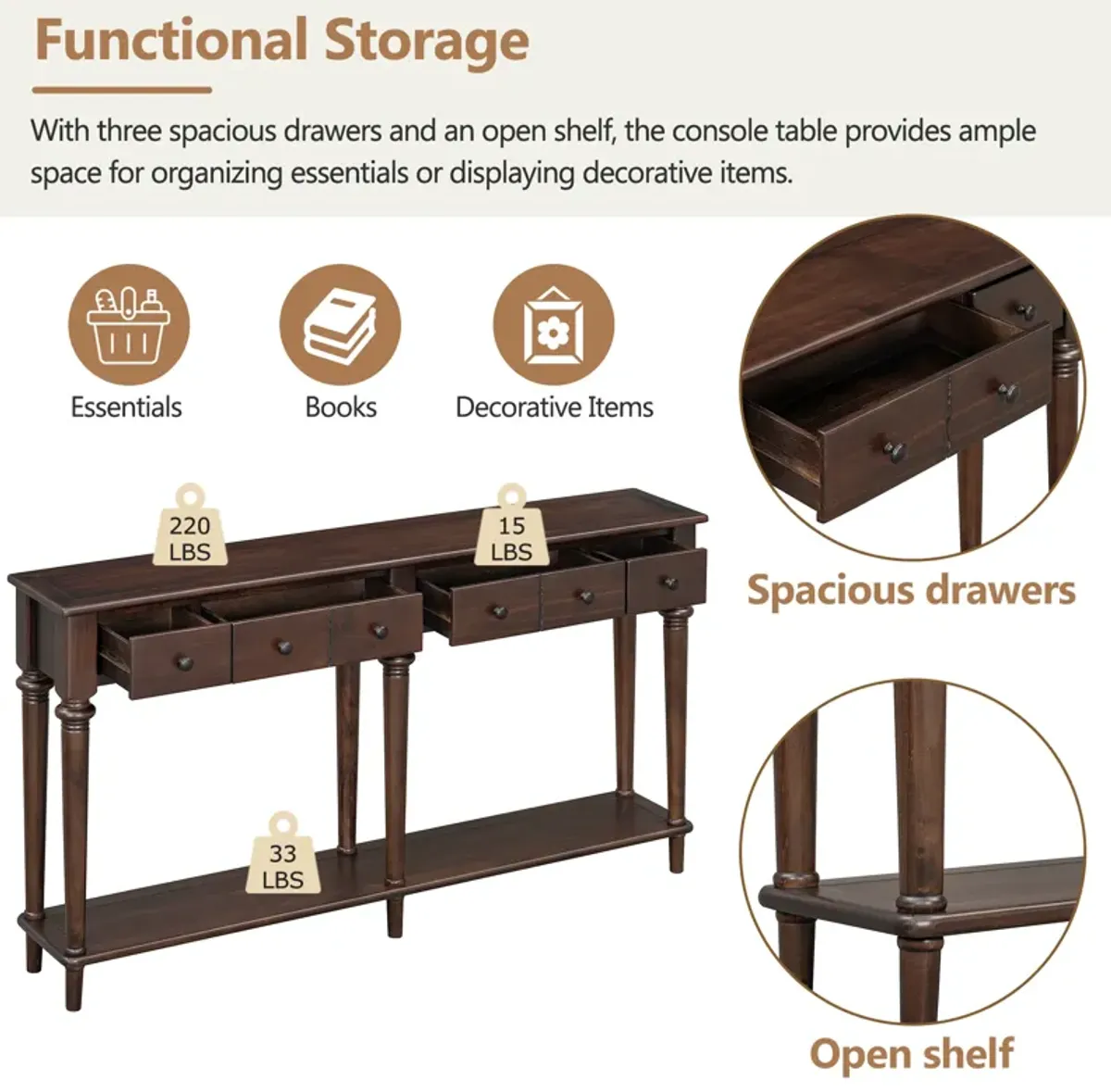 Merax Retro Console Table with 3 Drawers and Open Shelf