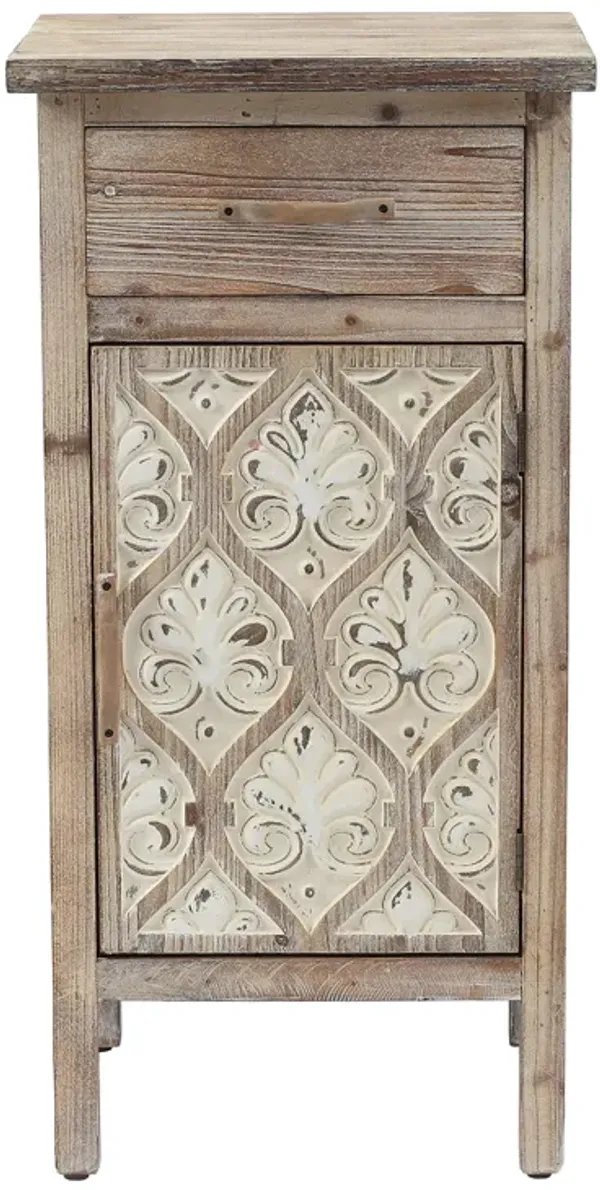 LuxenHome Damask Carved Wood 1-Door 1-Drawer End Table with Storage