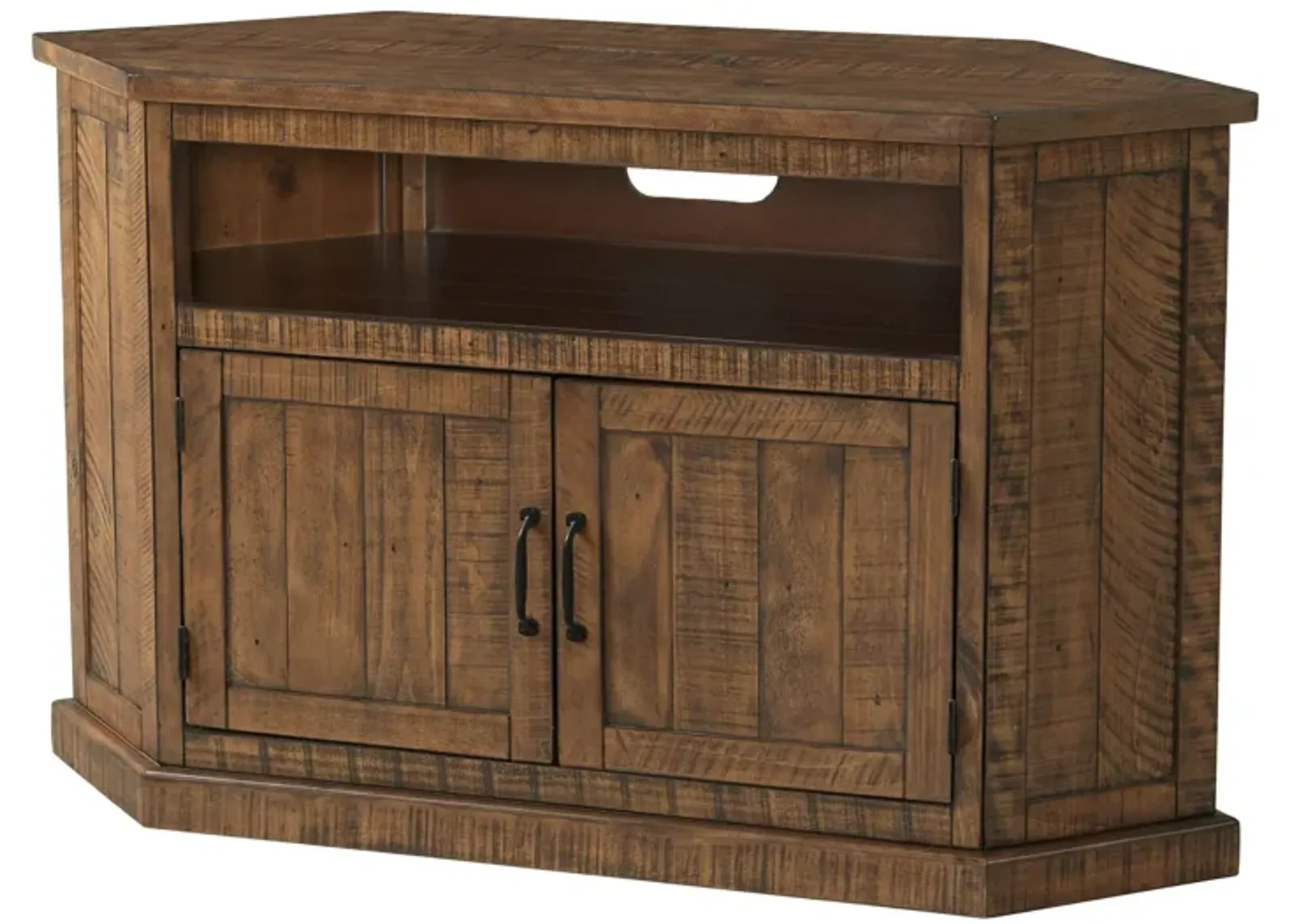 Alexa 50 Inch TV Corner Entertainment Console, Cubby, Cabinet, Brown Stained - Benzara