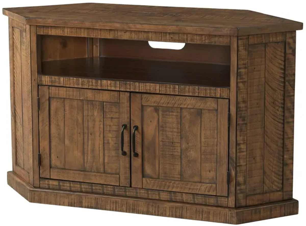 Alexa 50 Inch TV Corner Entertainment Console, Cubby, Cabinet, Brown Stained - Benzara