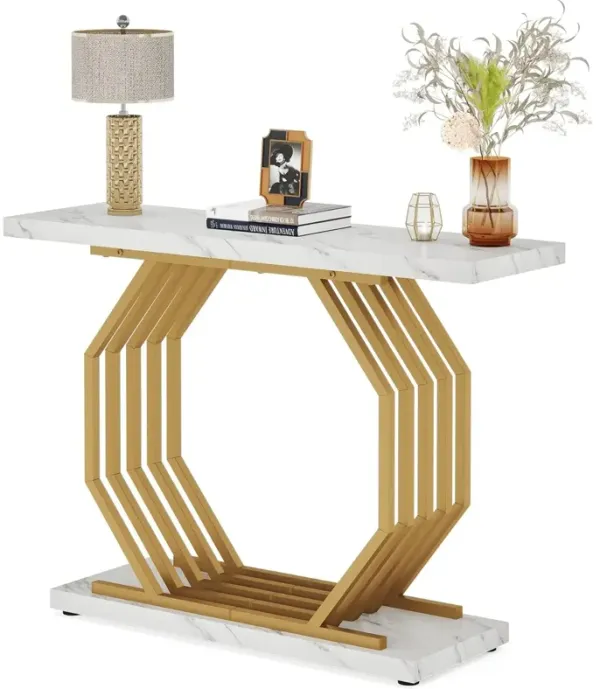 Gold Console Table, Faux Marble Entryway Table Narrow Sofa Table with Geometric Metal Base, 40 Inch Modern Accent Table Entrance Table for Living Room, Hallway, Foyer, Deck Boxes