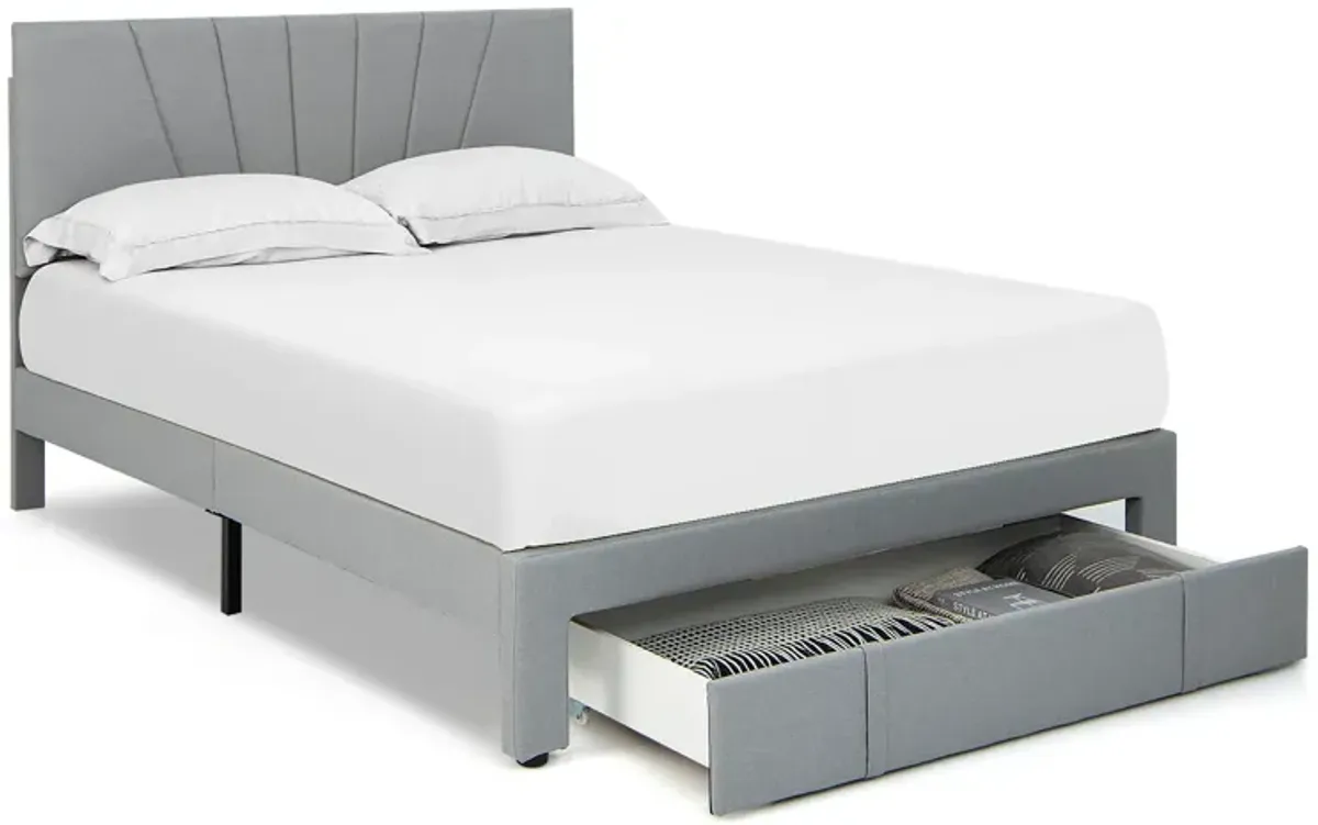 Full/Queen Size Upholstered Bed Frame with Drawer and Adjustable Headboard-Full Size