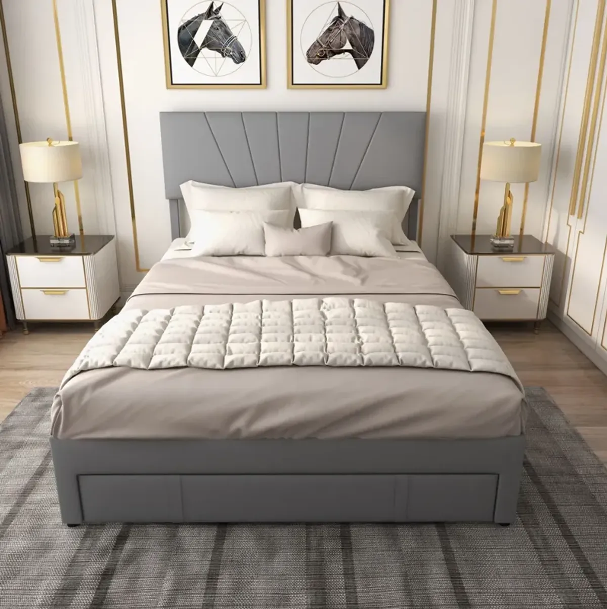 Full/Queen Size Upholstered Bed Frame with Drawer and Adjustable Headboard-Full Size