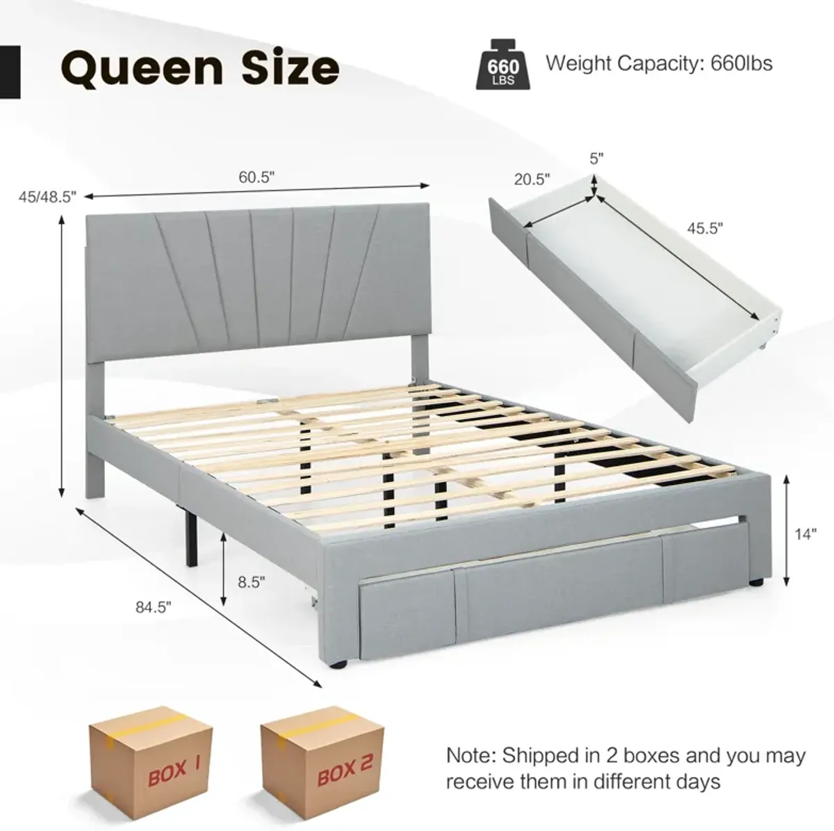 Full/Queen Size Upholstered Bed Frame with Drawer and Adjustable Headboard-Full Size