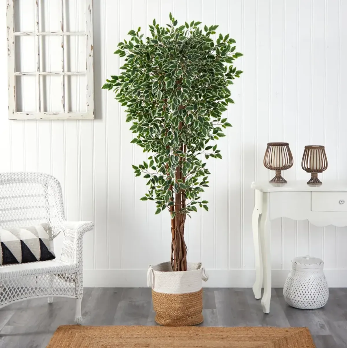 Hivvago 70 Inches Variegated Ficus Artificial Tree in Handmade Natural Jute and Cotton Planter UV Resistant (Indoor/Outdoor)