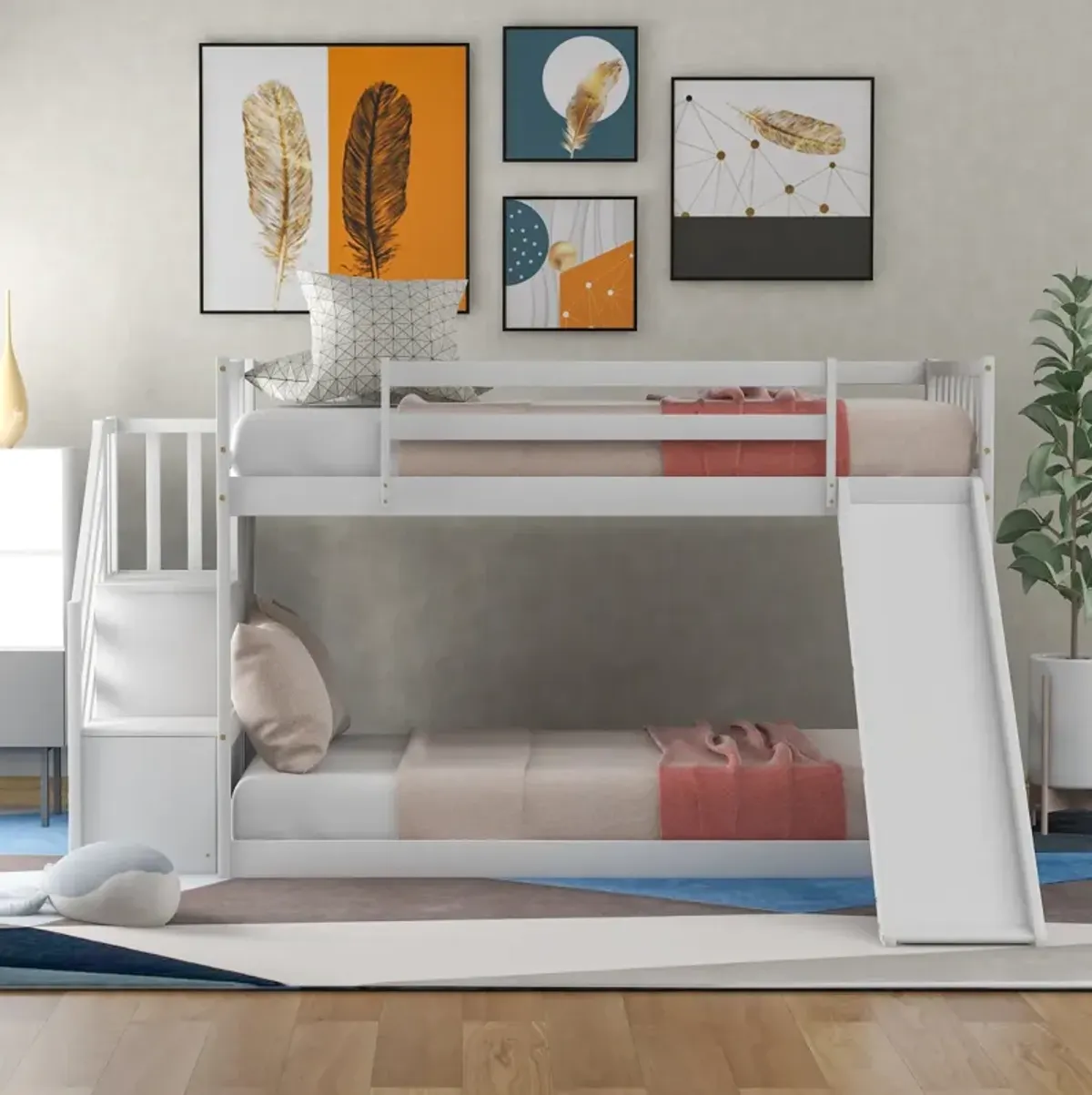 Twin Over Twin Bunk Bed With Convertible Slide And Stairway