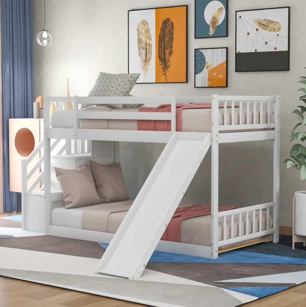 Twin Over Twin Bunk Bed With Convertible Slide And Stairway