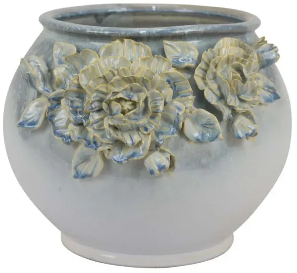 Rox Accent Planter, Floral Applique Design, 12 Inch White Ceramic - Benzara