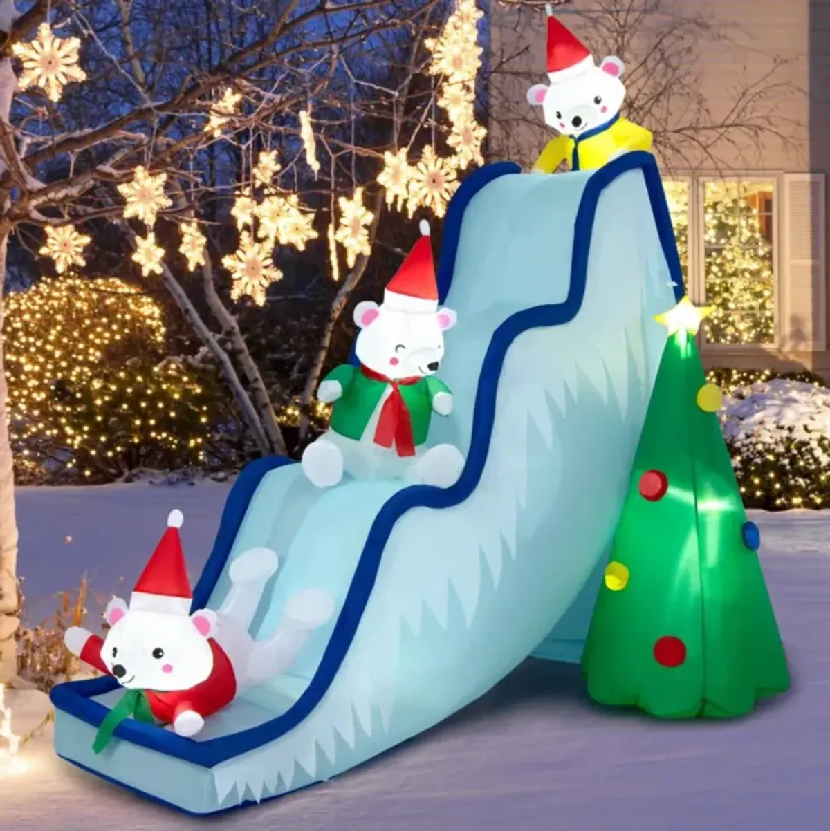 Hivvago 9 Feet Inflatable Polar Bear Slide Scene Decoration with LED Lights